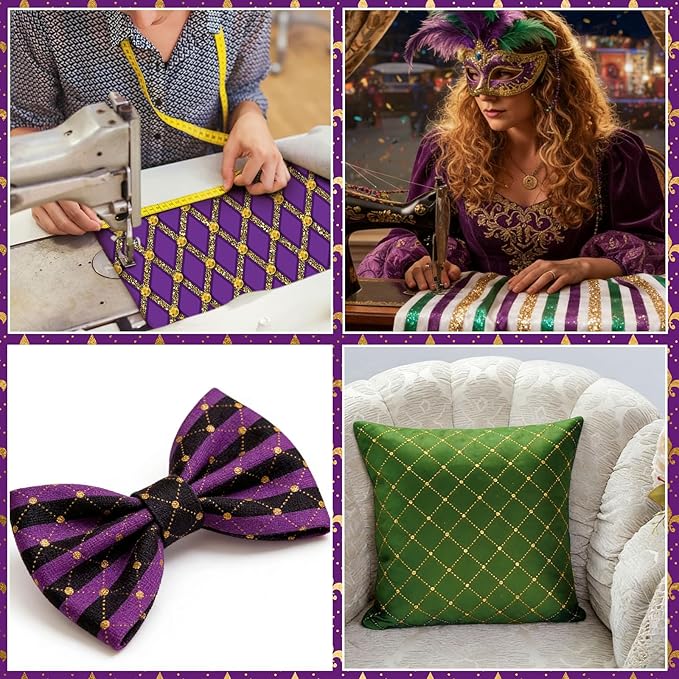 20 Pcs 10''x10'' Mardi Gras Quilting Fabric Square Bundle Lily Flowers Masquerade Precuts Quiltted Fabric Purple Green Gold Printed Patchwork Supplies for DIY Material Sewing Crafts