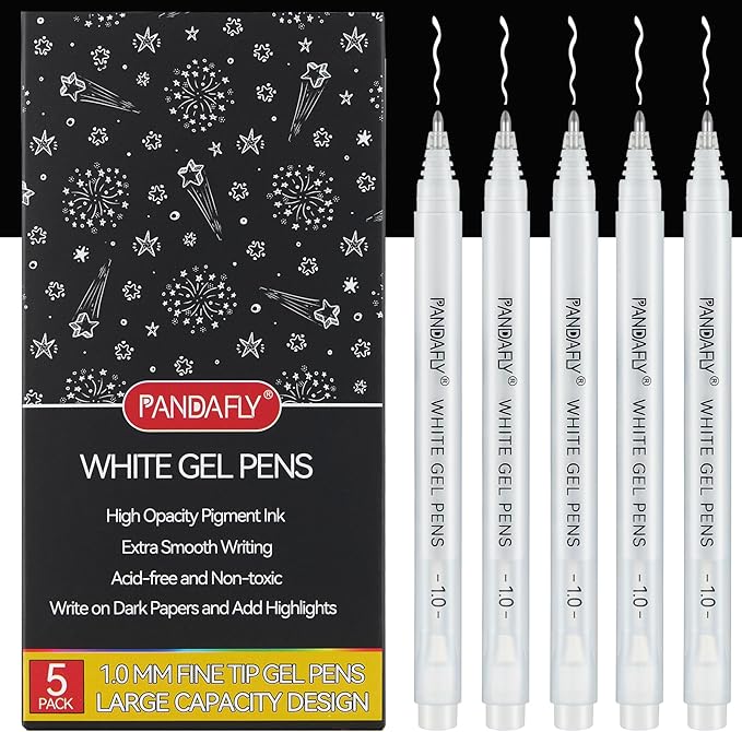 PANDAFLY White Gel Pens, 1 mm Extra Fine Point Gel Ink Pens, Opaque Archival Ink Pens for Black Paper Drawing, Sketching, Card Making, White Gel Pen for Art Highlight & Artists Drawing, 5 Pack