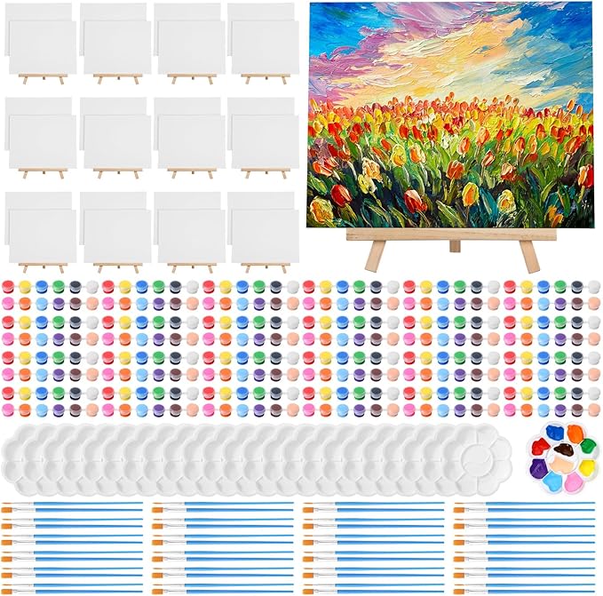 Qilery 24 Set 8 x 10 Inch Canvas Boards and Easel for Painting, Acrylic Paint Strips, Brushes, Palettes, Art Painting Kits for Artists Beginners Oil Acrylic Craft Party Favors