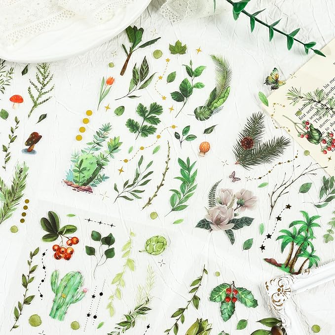 510 Pcs Natural Flower Stickers, 32 Sheets Vintage Leaf, Transparent Waterproof Fall Stickers for DIY Craft, Scrapbook,Card Making,Journal,Planner,Notebook