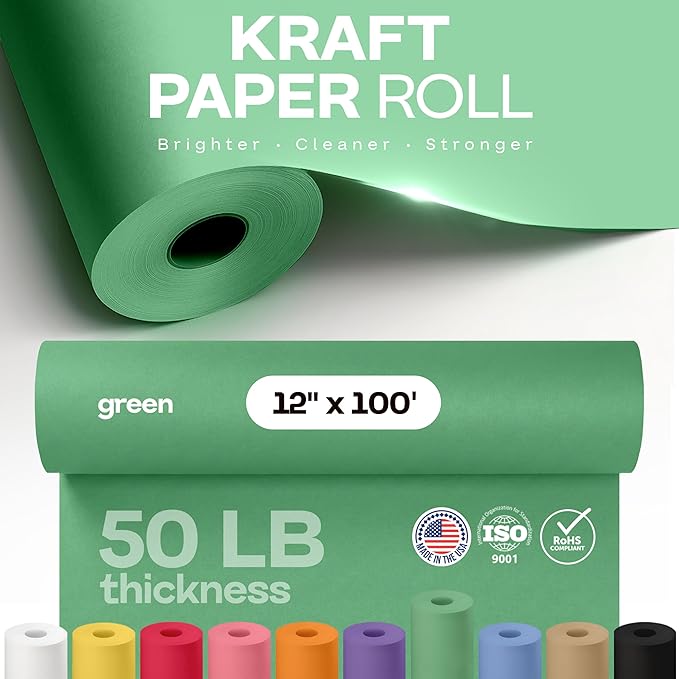 12" x 1200" (100 ft) Green Kraft Paper Roll - USA-Made Quality Craft Paper for Gift Wrapping, Kids' Arts & Crafts, School Projects - Natural Material 50lb Thickness by IDL Packaging