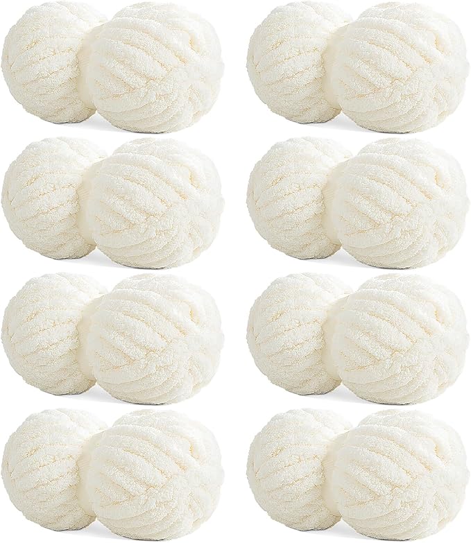 HOMBYS Cream White Chunky Chenille Yarn for Hand Knitting,Fluffy Soft Jumbo Yarn Crocheting,Super Bulky Big Yarn for Chunky Blanket,Large Thick Arm Knitting Yarn,8 Pack Plush Fuzzy Yarn