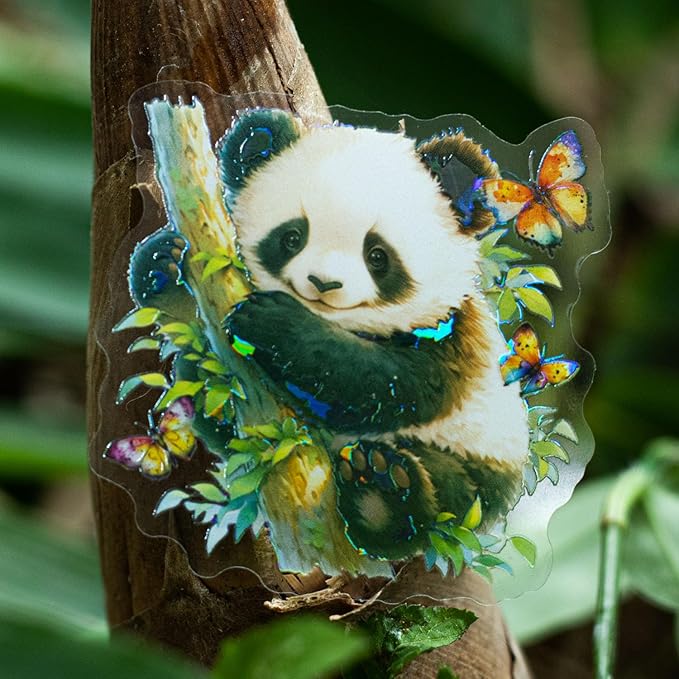 Yoksas 40Pcs Holographic Shiny Kawaii Panda Stickers - Waterproof Transparent Glitter Cute Panda Stickers for Scrapbooking,Water Bottles,Journals