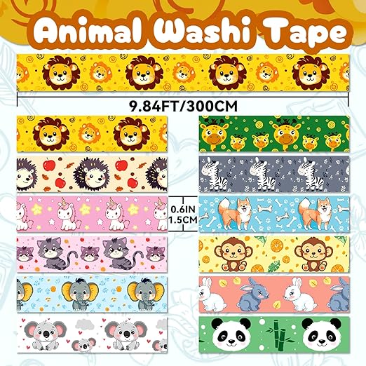 Cute Washi Tape Set, 12 Rolls Kawaii Animal Decorative Tape Cartoon Forest Masking Tape for Journaling Supplies, Junk Journal, Scrapbooking, DIY Arts & Crafts, Gift Wrapping