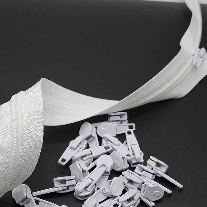 Leekayer Nylon Zipper - 10 Yards Continuous, 5# Cuttable, With 25 White Zipper Pull Sliders for Craft Bag