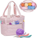 Teamoy Small Knitting Bag Tote, Puffer Yarn Storage Bag, Drawstring Crochet Bag Organizer for Yarn Skeins and Crocheting Supplies, Pink