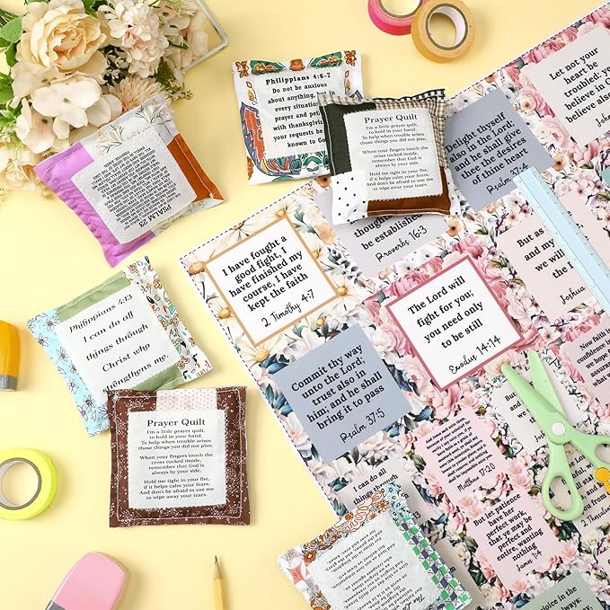 Pocket Prayer Quilt Panel Squares with Small Wooden Crosses Mini Scripture Pocket Prayer Quilt for Friend Family Religious Spiritual Gift Easter Reward Gift(Flora,Brown)