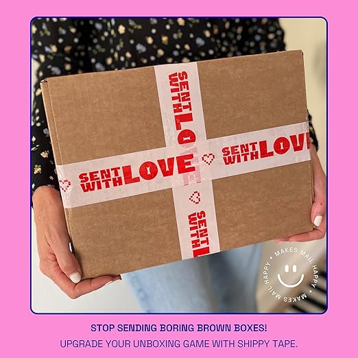 Sent with Love - Cool Decorative Packing Tape for Small Business - Cool Cute Designer Printed Packaging and Shipping Tape - Pink Red, Heart, 1.88" x 110 Yards (330 feet)