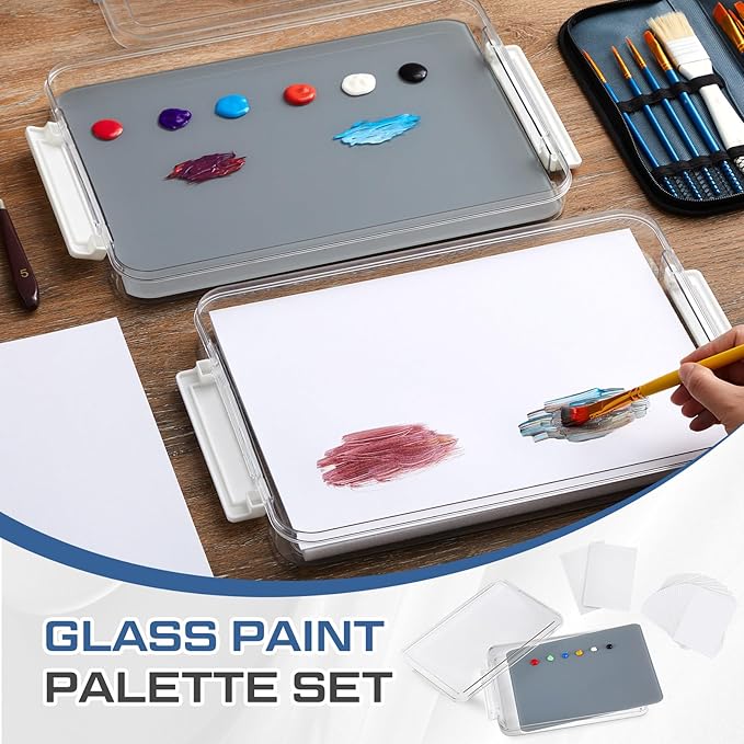 Nuanchu 2 Pcs 9 x 12 Inch Neutral Grey Tempered Glass Palette for Oil Painting with Lid and 80 Sheets Disposable Paper and 4 Sponges Keeps Wet Paint Fresh for Artist DIY Color Mixing Beginners