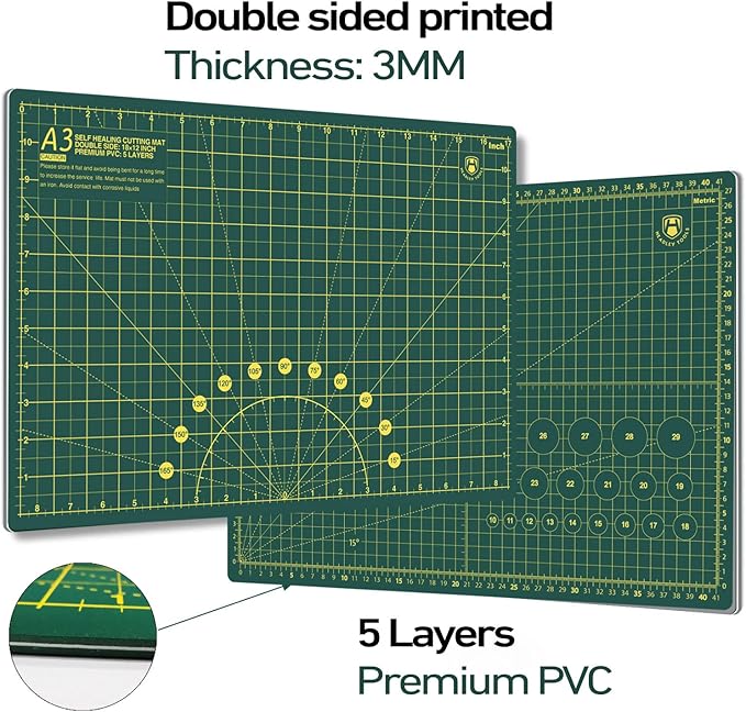 Headley Tools 18"x12" Thickened Self Healing Cutting Mat, A3 Rotary Cutting Sewing Mat for Crafts, Double Sided 5-Ply Table Cutting Board for Fabric Quilting Leather Arts Hobby Project, Green