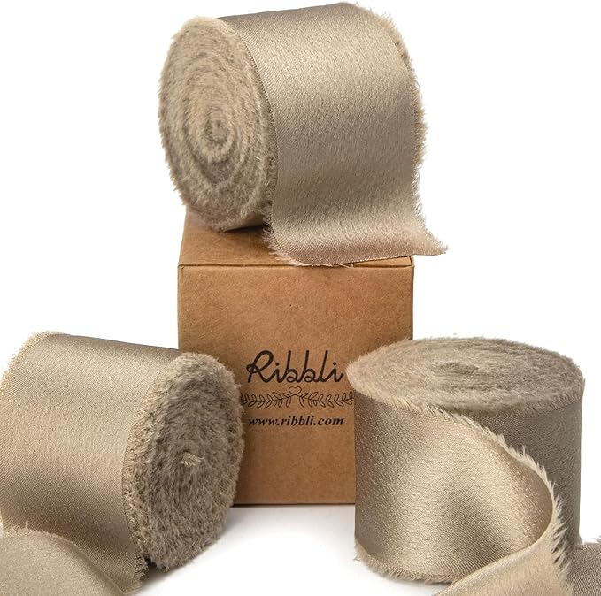 Ribbli Champagne Gold Silk Satin Ribbon 1.5 Inch x 30 Yard Handmade Frayed Chiffon Champagne Ribbon for Gift Wrapping Wedding Invitations Bridal Bouquets Home Decor