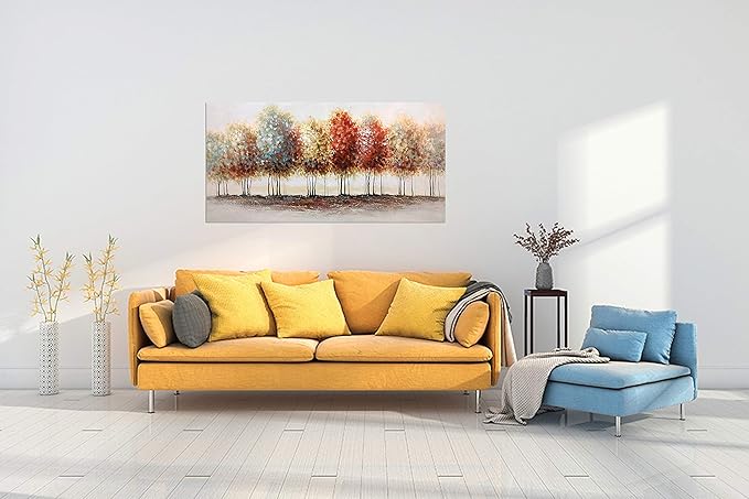 Tiancheng Art, 24x48 Inch Modern Abstract Oil Hand Paintings Tree Art 3D Hand-Painted Living Room And Bedroom Wooden Frame Ornaments Canvas Acrylic Wall Art Colorful Forest Home Hanging Decoration