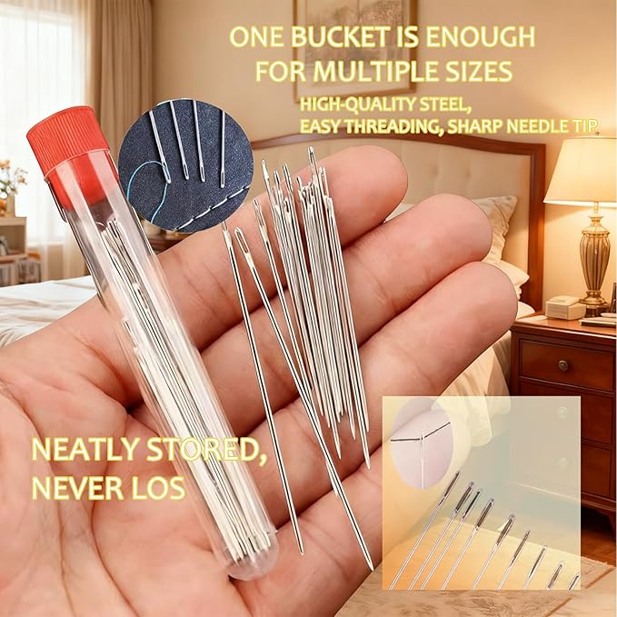 Big Eye Steel Sewing Needles Kit, 34PCS Big Eye Steel Needle Sewing Kit with Needles, Threads, Scissors, Thimble for Home, Travel, DIY Handcraft (Basic Hand Sewing Set
