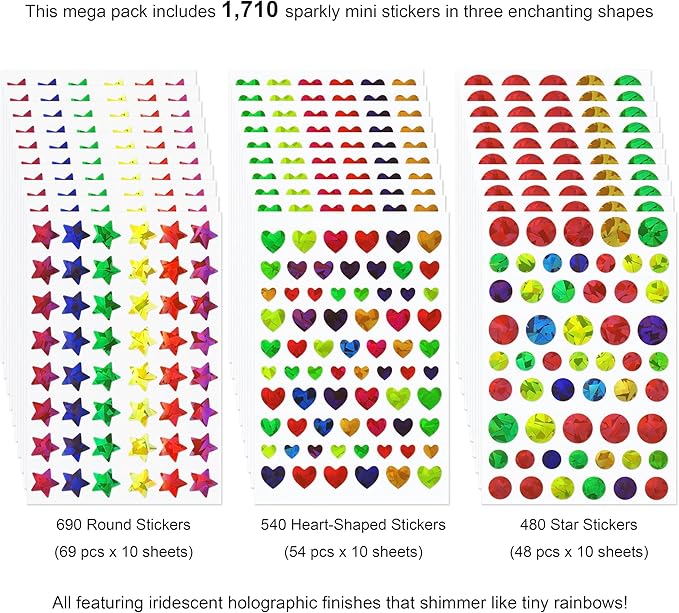 1710 Pcs Holographic Rainbow Stickers Sparkly Small Star Sticker, Varying Sizes Heart and Round Shaped for Kids Reward, Behavior Chart, Student Journal Decoration and School Classroom Teacher
