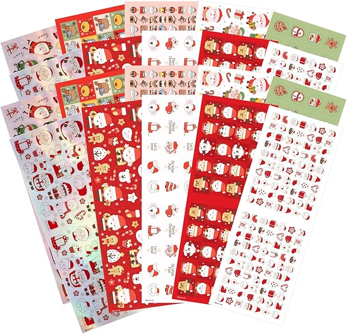 1200 Pieces Christmas Stickers, Xmas Holiday Envelopes Merry Christmas Gift Decorations, Santa Claus, Reindeer, Snowman Winter Stickers for Notebook, Bottles, Mega Sticker Pack Gift for Kids