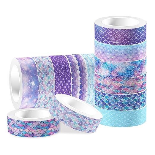 Mermaid Washi Tape Set 12 Rolls, Marine Animal Washi Tape, DIY Decorative Tape for Suitable for Scrapbooking Decorations, Art journaling Accessories, and Craft Projects