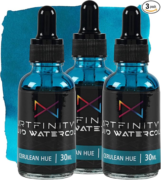 Liquid Watercolor Paint 30 ml Bottle - 3 Pack, Cerulean Hue - Vibrant Dye-Based Liquid Watercolor w/Glass Pipette, Fast-Drying, Fine Art Paint for Calligraphy, Airbrushing & Traditional Art