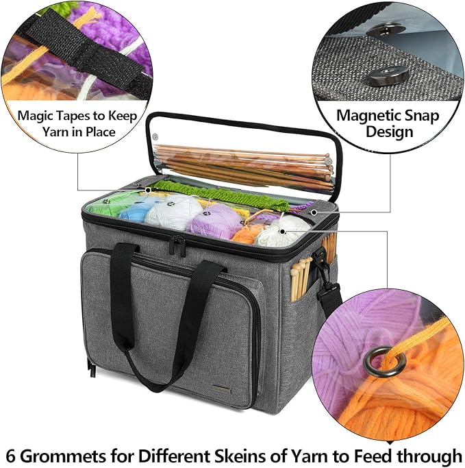 Teamoy Knitting Bag, Yarn Tote Organizer with Inner Divider (Sewn to Bottom) for Crochet Hooks, Knitting Needles(Up to 14”), Project and Supplies -No Accessories Included, Gray