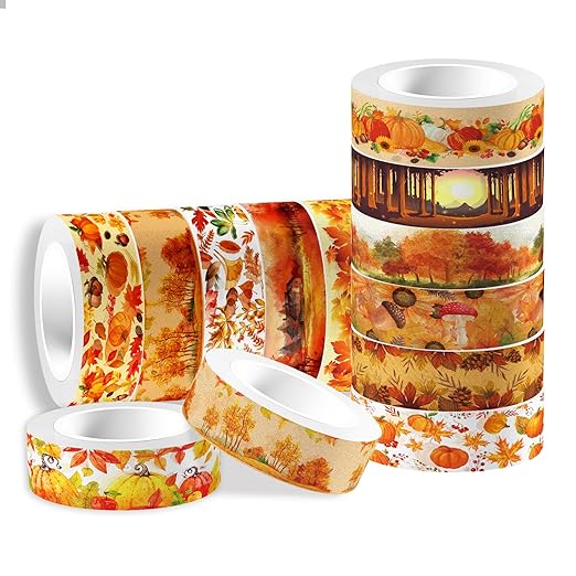 12 Rolls Fall Washi Tape, Autumn Maple Leaves Pumpkin Masking Washi Tape Fall Harvest Decorative Tape Sticker for Scrapbook, Journal, DIY Craft, Gift Wrapping, Card Making