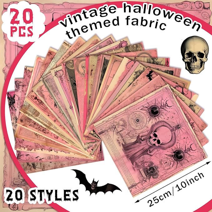 HunnmingRe 20 Pcs 10''x10'' Pink Halloween Quilting Fabric Square Skeleton Skull Bat Eyes Quiltted Fabric Bundle Black Precuts Printed Patchwork Supplies for Holiday DIY Sewing Craft
