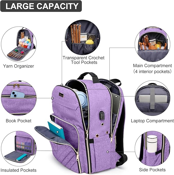 Knitting Bag Backpack, Crochet Bag Tote, Large Yarn Storage Tote Bag with USB Charging Port, Yarn Holder Case for Carrying Projects, Knitting Needles, Yarn Supplies, Purple