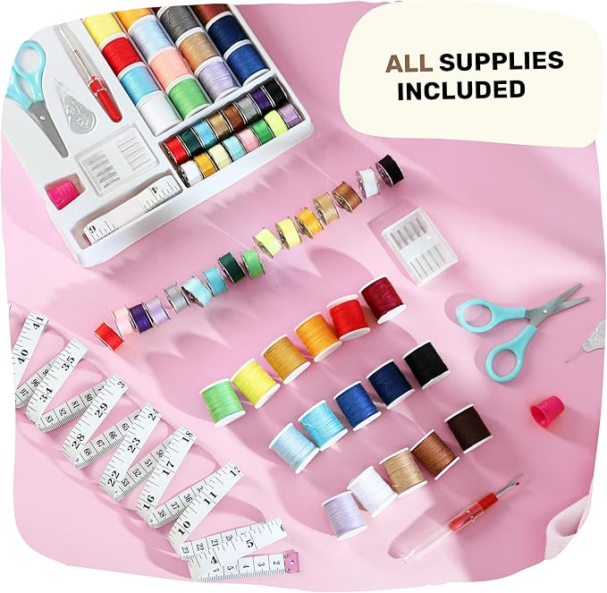CraftBud Mini Sewing Machine for Beginners, Dual Speed Small Portable Sewing Machine for Kids and Adults with Extension Table, 48 Piece Gift Set Includes, Pedal, Projects Book, Light and More, Pink