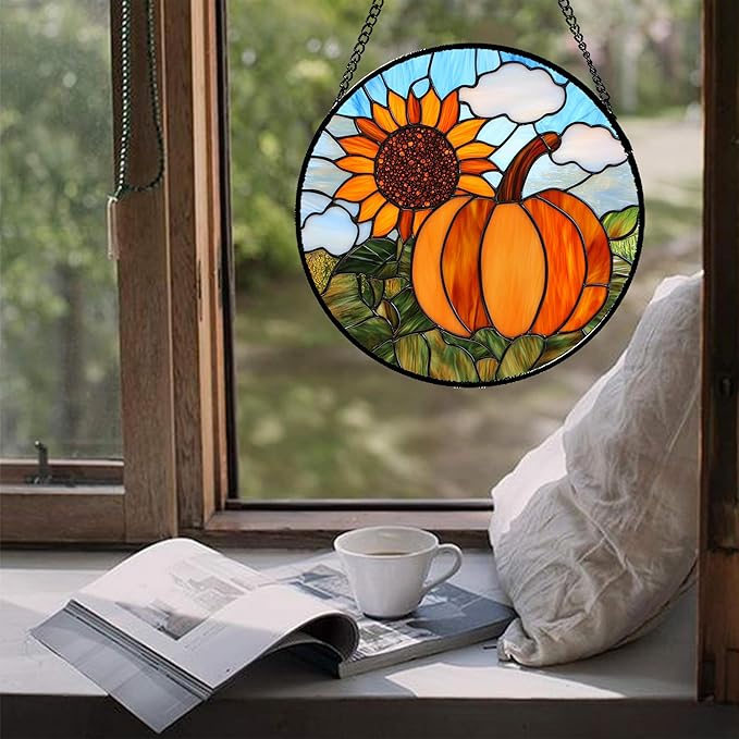 Stained Glass Window Hanging Fall Farm Scenery Sunflower Pumpkin Large 11.8" - Suncatcher Door Garden Kitchen Sunroom Sun Catcher Home Decor Birthday for Mom Grandma Men Woman