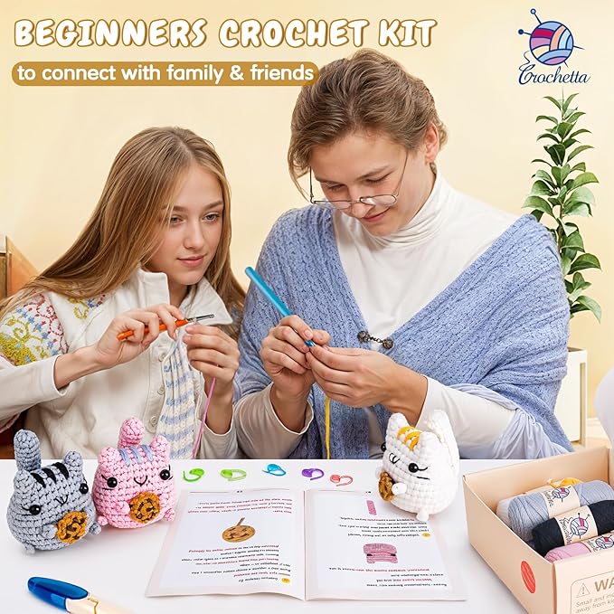 Crochetta Crochet Kit for Beginner, Crochet Starter Kit with Step-by-Step Video Tutorials, Learn Crochet Kits for Adults Women Men Complete Kit Included, 3 Packs Cookie Cat(40%+ Yarn)