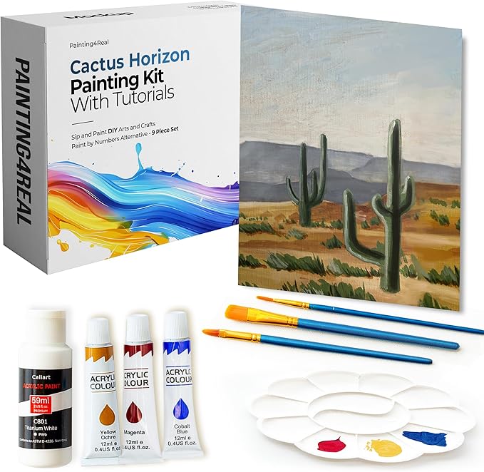 Painting4Real DIY Art Painting Kit for Adults – Learn to Paint Cactus Horizon with Video Tutorials – 9 Pieces Acrylic Paint Set for Adults –Perfect Christmas Crafts & Holiday Gifts for Art Lovers