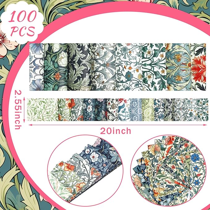 Ganeen 100 Pcs Vintage William Morris Flowers Quilting Fabric Roll 2. 56 Inch Fabric Squares Jelly Patchwork Precut Strips Bundles for Holiday Materials Craft DIY Sewing Cloths