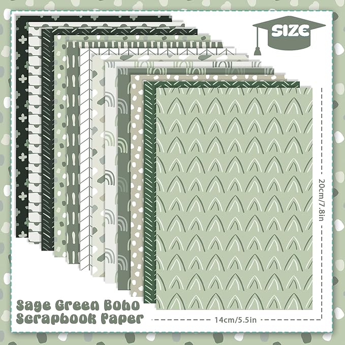 60 Sheets Sage Green Boho Scrapbook Paper, 8.3'' x 5.7'' Trendy Mint Green Boho Pattern Decorative Craft Paper Folded Flat for Birthday Card Making Scrapbook Shadow of Green Photo Album Decor