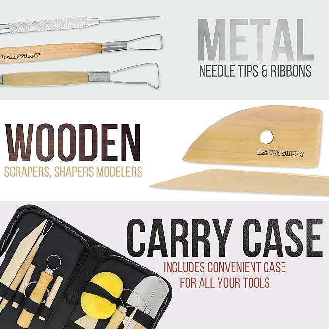 U.S. Art Supply Pottery & Clay Tools Set (12-Piece) - Includes Pottery Tools, Canvas Case for Sculpting, Ceramics, and Easy Storage & Transport