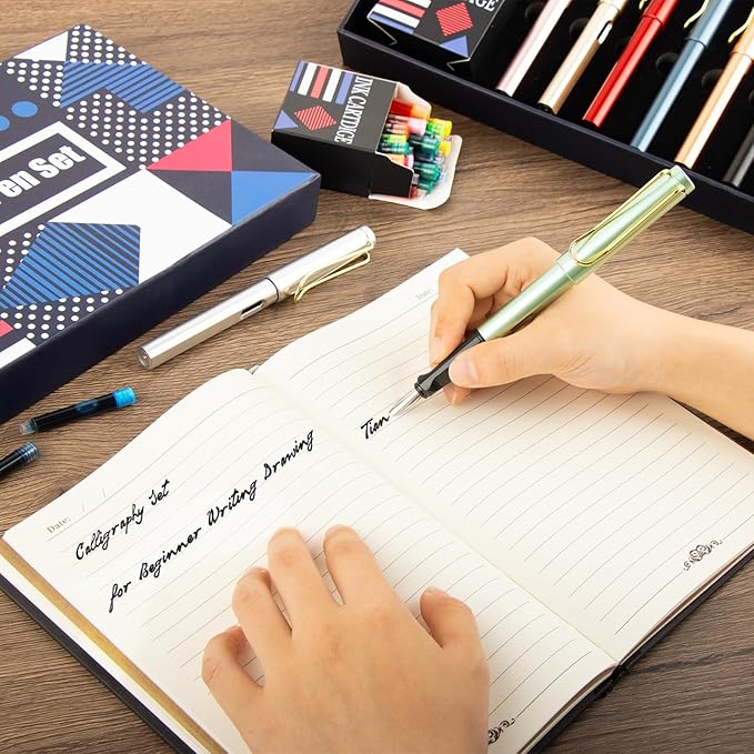 Calligraphy Pen set,Fountain Pens with 8 Different Replaceable Nibs with 60 Ink Cartridges(12 Colors),Calligraphy set for Beginner Writing Drawing.