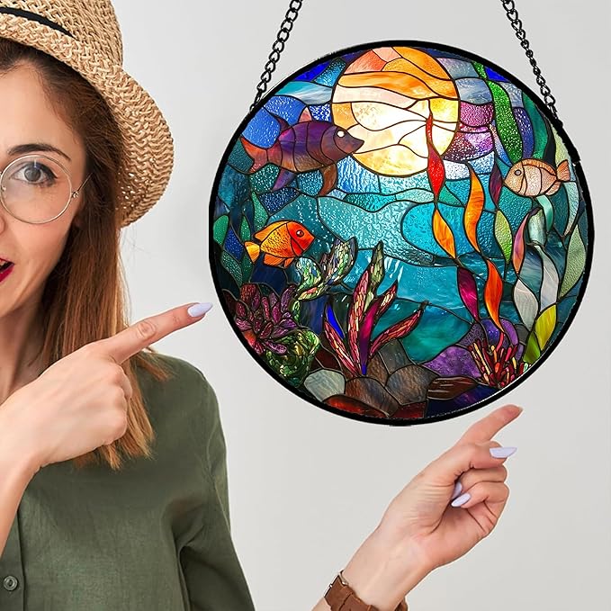 Stained Glass Window Hanging - Blue Ocean World Small Fish Coral Sun Catcher for Door Garden Home Decor Sea Suncatcher Christmas Mother's Day Birthday Gifts for Women Men Mom Nana 11.8 in