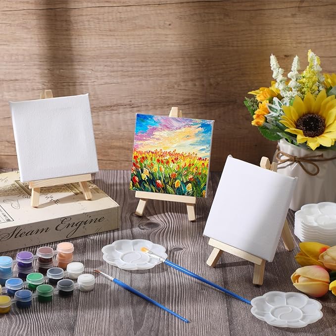 Qilery 12 Set Acrylic Paint Kit Mini Stretched Canvas with Easel, Acrylic Paints Strips, Brushes, Palette, Art Set for Kids Adults Classroom Birthday Party Favors(4 x 4 Inch)