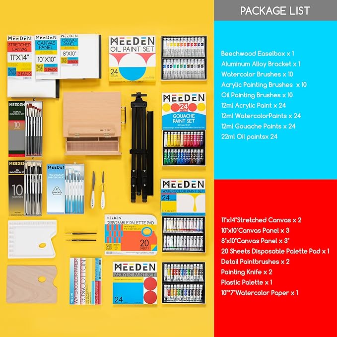 MEEDEN Professional Art Supplies - 142PCS All-in-one Painting Kits for Adults, Beechwood Easel, Aluminum Alloy Bracket, 30 Quality Brushes, 96 Paints & Other Professional Art Supplies.