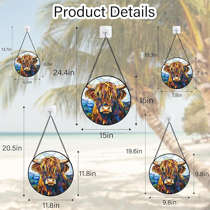 Stained Glass Window Hanging - Highland Cattle Suncatcher for Door Terrace Garden Home Decor Western Style Brown Cow Sun Catcher Birthday Gifts for Lovers Women Men Dad Mom Nana 7.8 in