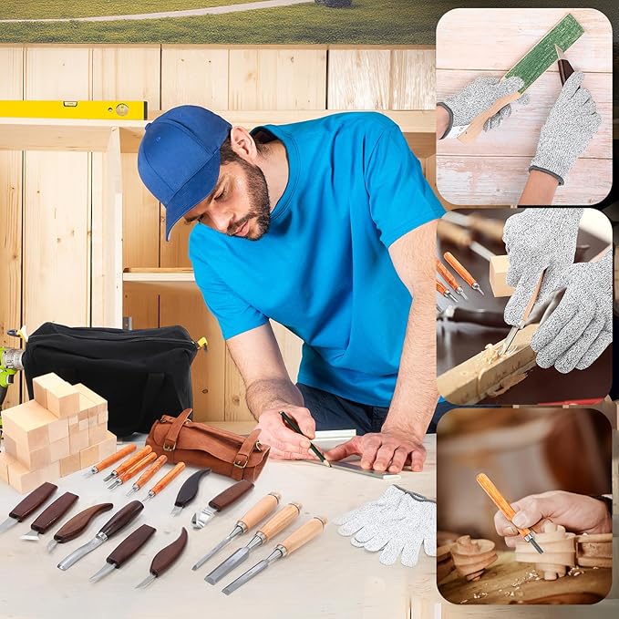 Therwen 45pcs Wood Carving Kit Included 16 Whittling Knife Chisel Set with Leather Storage Bag, 24 Basswood Carving Blocks, Wood Whittling Tool for Beginners Enthusiasts Craft Gift for Christmas