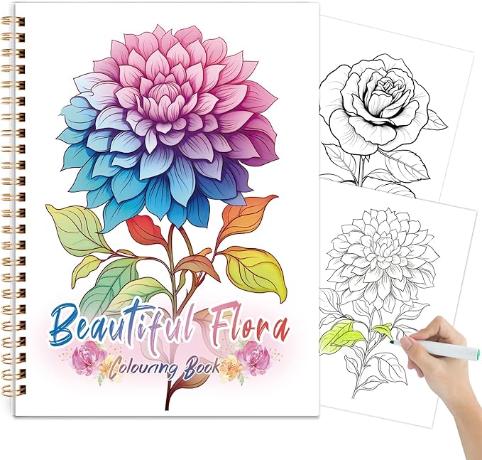 Tlenpo Floral Coloring Books for Adults, Spiral Bound 130gsm Thick Paper Non-Bleed, Alcohol Markers Coloring Books for Adults Relaxation, Anxiety Relief Gifts, Single-Sided Print with 50 Pages