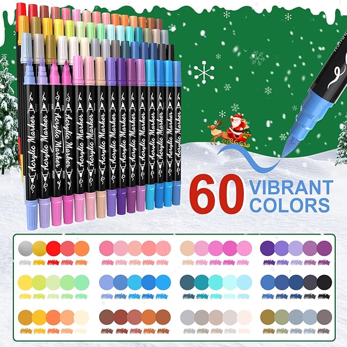 60 Colors Acrylic Paint Markers - Waterproof Dual Tip Acrylic Paint Pens with Brush & Fine Tip Professional Marker Set Scrapbook Markers for Paper Rock Wood Fabric Glass Ceramic and DIY Crafts