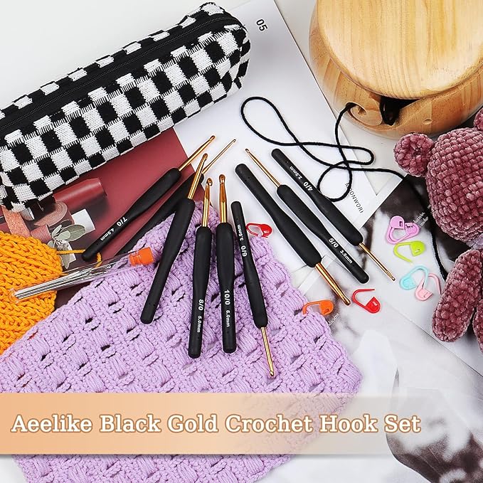 Aeelike 31pcs Crochet Hook Set, Classic Navy Crochet Needles Ergonomic with Grips for Arthritic Hands, Crocheting Kit with Knitting Supplies & Black White Case, Ideal Gift for Hand Beginner Lover