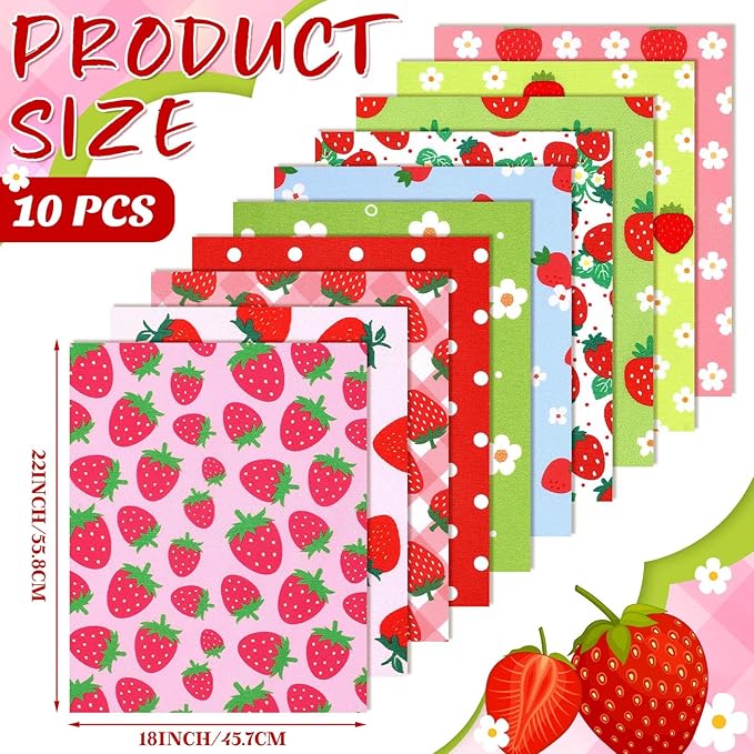 Hahafelt 10 Pcs Strawberry Quilting Fabric 18 x 22 Inch Strawberry Precut Fabric Squares Quilted Multi Color Floral Printed Patchwork Supplies for Holiday Patchwork DIY Sewing Crafts