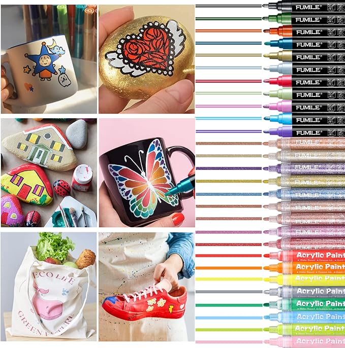 FUMILE 120 Color Acrylic Paint Marker, Include Metallic Color(28PCS),Blink Color(12 PCS),Classic Color(80PCS). Paint Markers Acrylic Marker Ideal for Rock, Wood, Metal, Plastic, Glass, Easter Egg.
