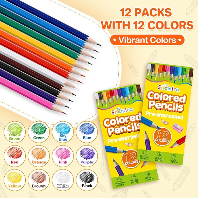 Shemira 12 Pack (144 Count) Colored Pencils Bulk Set for Kids, Pre-sharpened Coloring Pencil in 12 Colors, Erasable Color Pencils', School Supplies for Kids Teachers, Back to School Supplies