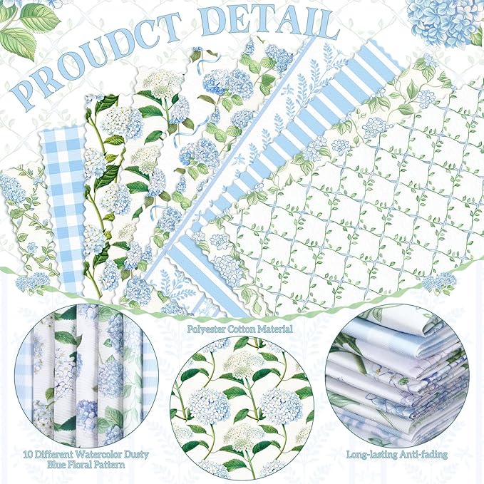 Hahafelt 10 Pcs Spring Hydrangea Quilting Fabric Bundles 20 x 20 Inch Dusty Blue Hydrangea Floral Squares Quarters Fat Fabric by The Yard Sewing Precut Patchwork for Spring Summer DIY Craft Decor