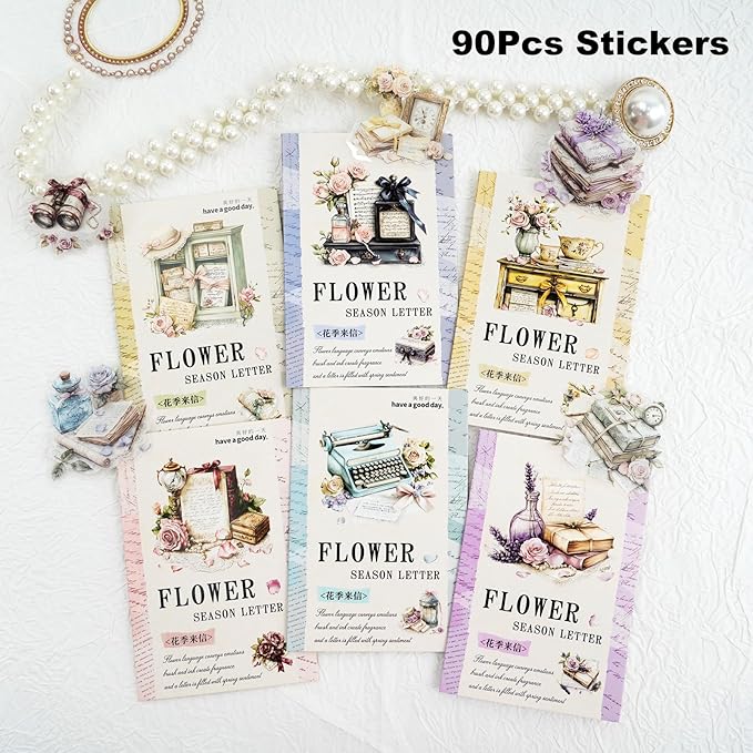 90PCS Vintage PET Stickers, Flowers, Typewriters, Books, Lace & Letters in Retro Aesthetic Style, Transparent Waterproof Stickers for Scrapbook, Journal, DIY Crafts & Decoration