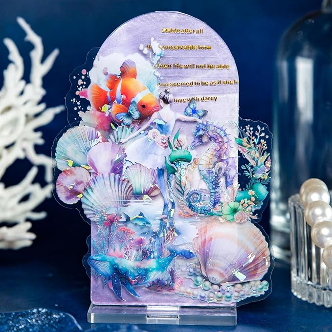Yoksas 60Pcs Holographic Ocean Life Jellyfish Turtles Stickers - Sea Marine Animal Whales Dolphins Seahorses Stickers for Junk Journal,Scrapbooking Supplies,Planner