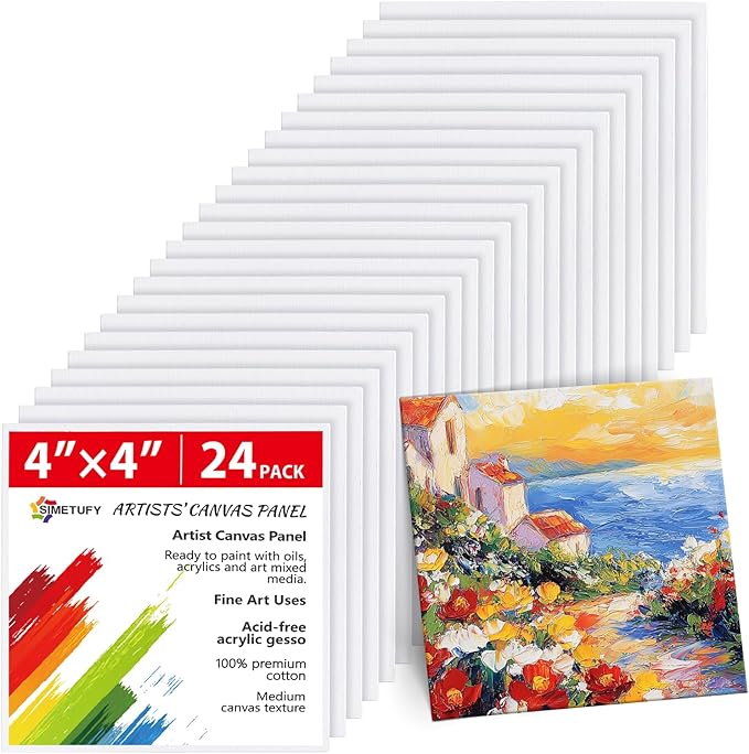 Simetufy 24 Pack 4x4 Inch Mini Canvas Boards Painting Panels, 100% Cotton Primed Acid-Free for Oil, Watercolor & Acrylic Painting, Art Projects