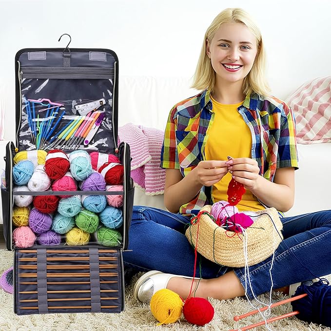 Crochet Bag with Hanging Hook - Portable Yarn Storage Bag, Large Capacity Door Room Essentials Travel Organizer for Crochet Hooks, Crochet Accessories, Black