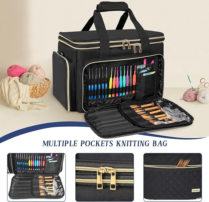 Knitting Bag Yarn Storage Tote, Large Crochet Organizer Bag, Yarn Holder Case for Knitting Needles, Knitting Project Bag with Inner Divider for Knitting Accessories, Crochet Hooks, Black